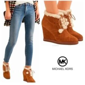 Michael Kors Chadwick Shearling Trim Chukka Wedge Heel Boots Black See Pics